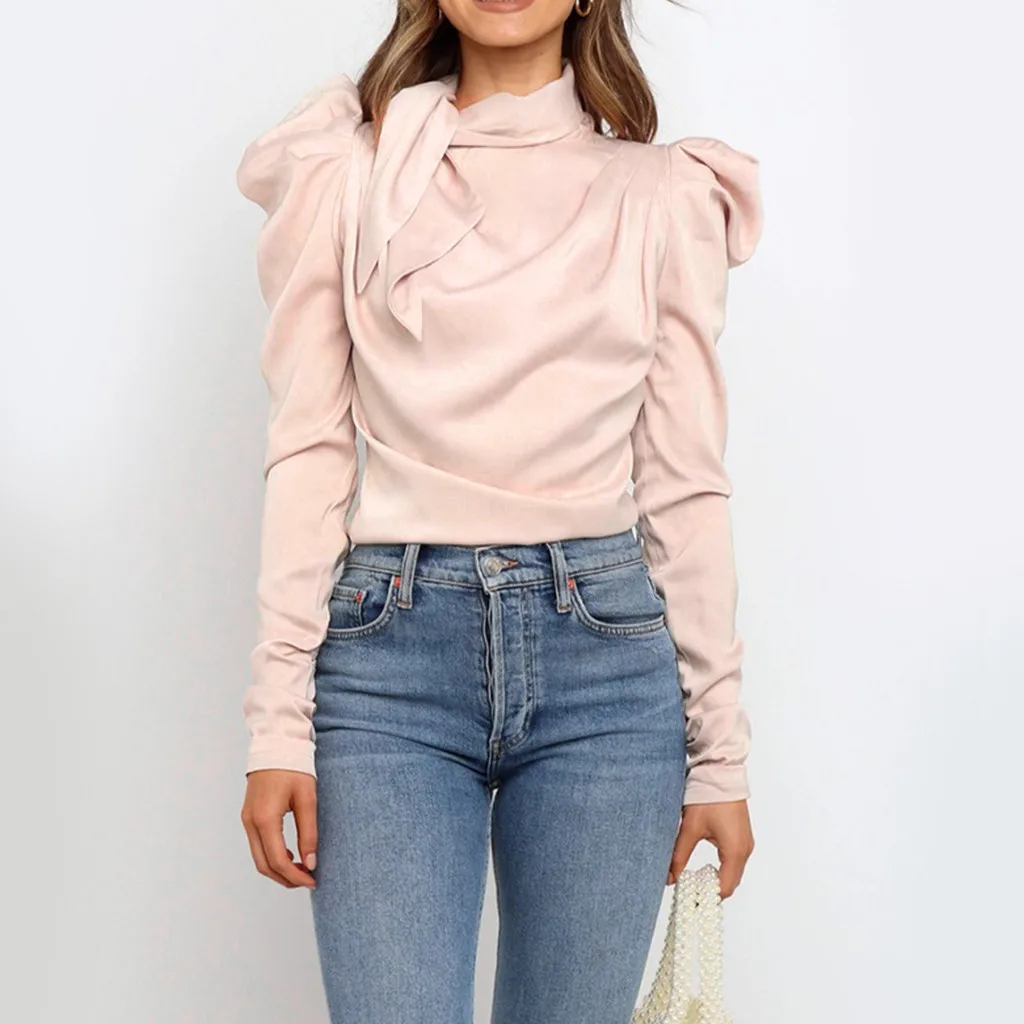 Модная повседневная женская блузка с О образным вырезом и длинным рукавом