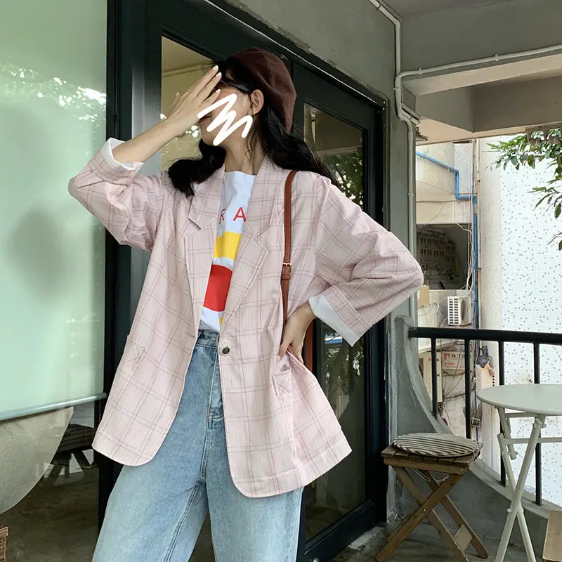 Женский офисный Блейзер Alien Kitty Розовый Повседневный блейзер в клетку на одной