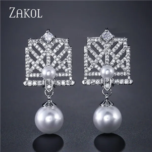 Rhodium plated ZAKOL Роскошный Кристалл Циркон и серьги с искусственным жемчугом, изготовленные из оригинальной корейской фабрики Свадебные аксессуары FSEP2157 - Окраска металла: Rhodium plated