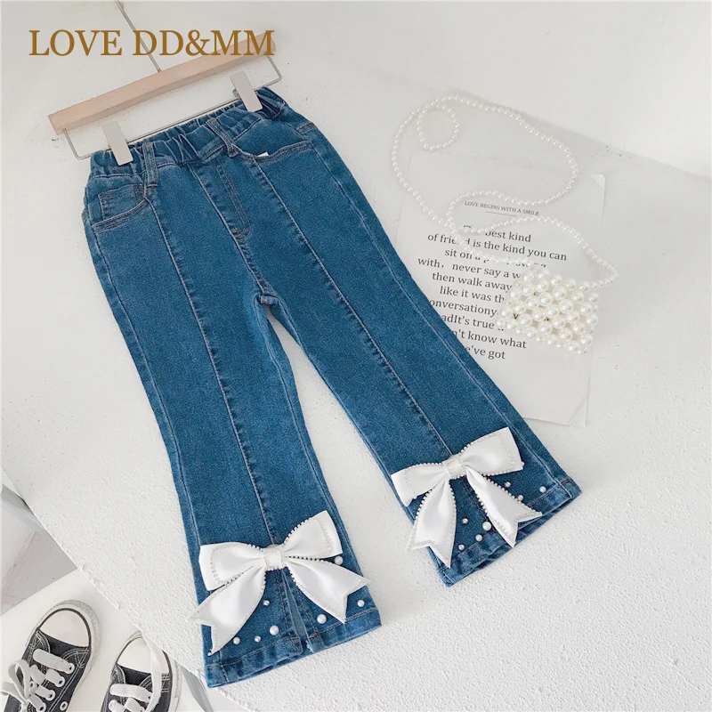

LOVE DD&MM Girls Clothing Jeans 2022 New Baby Girl Bowknot Pearl Slit Flared Pants Denim Kids Clothes Outfits Costumes 3-8