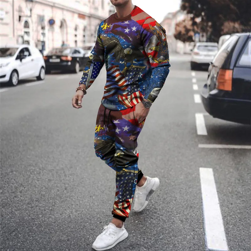 

Men's Suit Autumn Sportswear Outdoor Gym Jogging 3D Printing Eagle Long-Sleeved T-Shirt Pants 2-Piece Casual Sweater Pullover