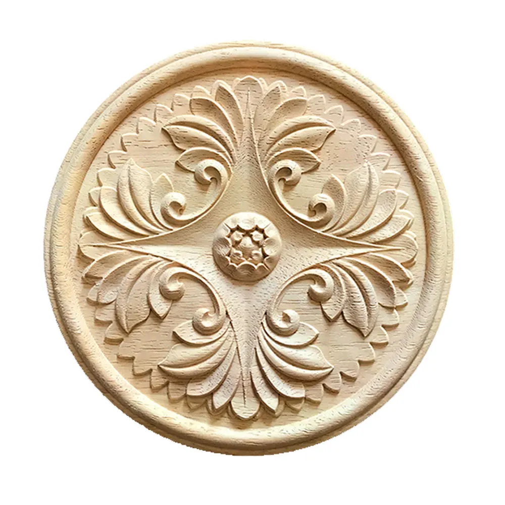 

20cm Flower Pattern Round Wood Carved Decal Corner Onlay Applique Wall Door Cabinet Unpainted European Style Home Decor