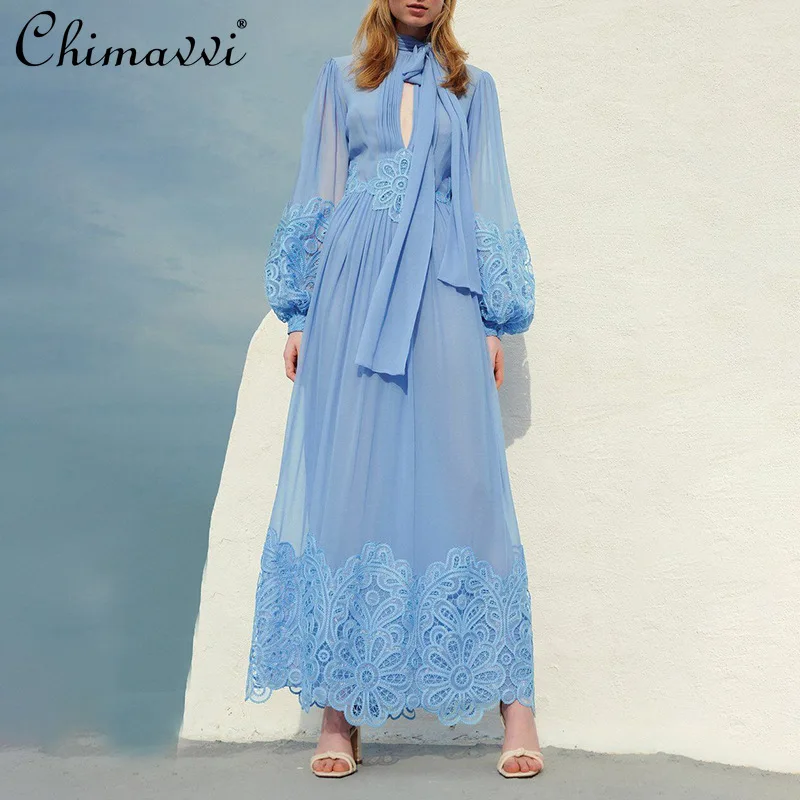 

2021 Fashionable Elegant Maxi Dress Women Round Neck Lantern Sleeve Design Solid Dress High-waist Slimming Floor-length Dress