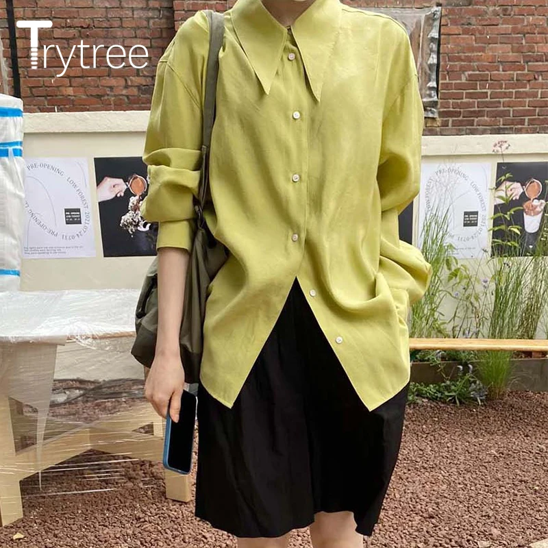 

Trytree 2022 Spring Autumn Women's Blouse Casual Solid Shiny Chiffon Chic Shirts Full Sleeve Office Lady Loose Staf Tops