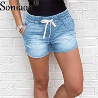 women mid waist lace up short jeans summer fashion sexy ripped denim shorts casual elastic waist vintage thin shorts streetwear