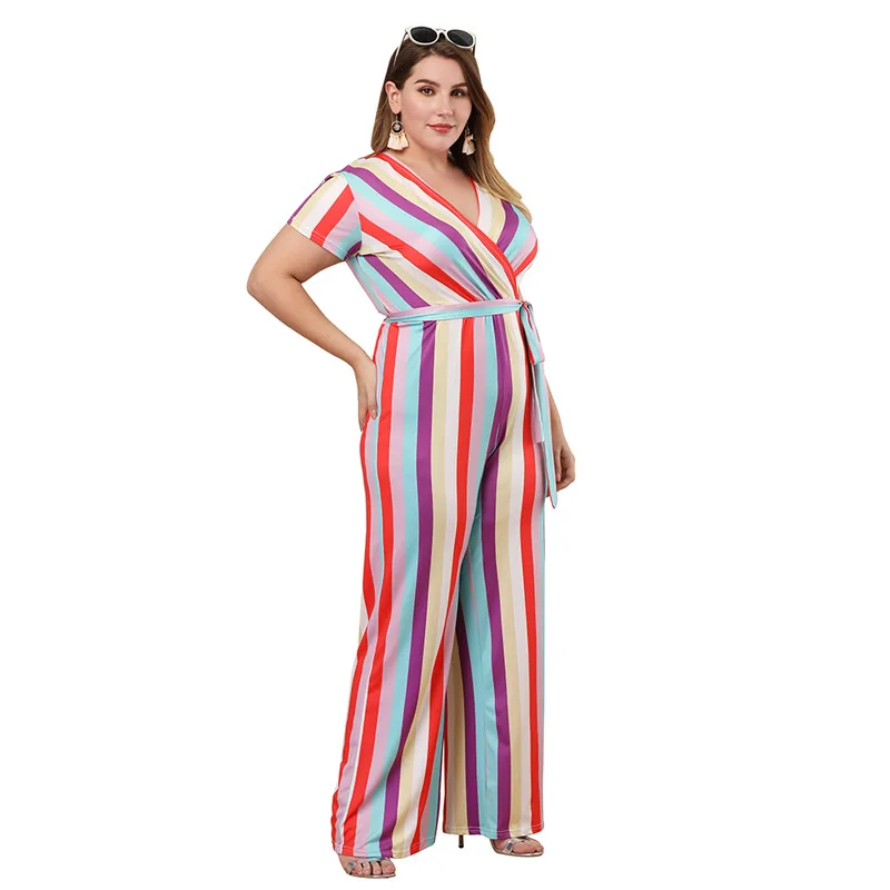 

TUAHO Sweet Women Striped Colourful Long Jumpsuits Office Ladies Sashed Summer Wide Leg Pants Plus Size Overalls HC268