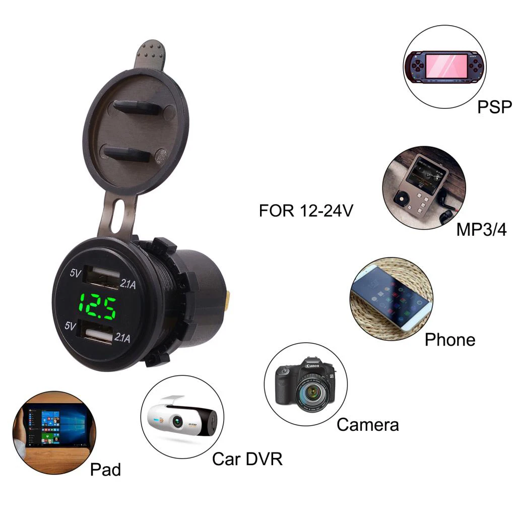 

Car Boot 12V 4.2A Dual Port USB Charging Socket Voltage Voltmeter Green
