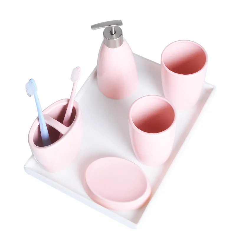 

Bathroom Accessories Set Ceramic Soap Dispenser Toothbrush Holder Gargle Cup Soap Dish European Style Wedding Gifts 5 Pieces Set