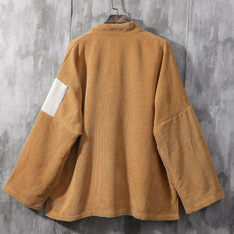 Japan Style Men Corduroy Kimono Jacket Color-blocking Patched Design Drop Shoulder Haori Oversize Loose Thin Coat | Мужская одежда