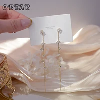 obear 14k real gold geometric zircon long tassel earrings women elegant temperament simple wedding jewelry gift