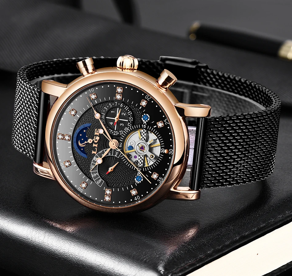 Бренд lige Tourbillon модные часы в деловом стиле автоматические механические часы мужские повседневные Водонепроницаемые кожаные часы Relogio Masculino