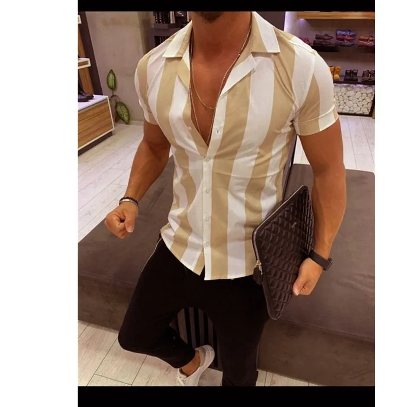 Мужские летние модные полосатые рубашки повседневные с коротким рукавом мужские