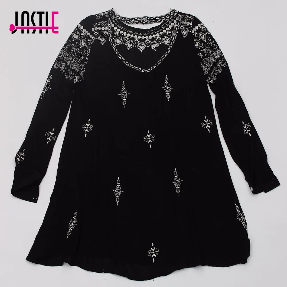 

Jastie Inspired Embroidered Mini Dress O-Neck Upper Back Cutout Women Dress Long Sleeve Hippie Chic Summer Vestidos Boho Beach