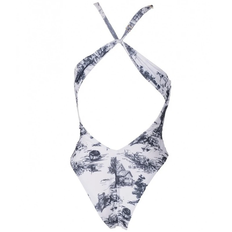 

New sexy Women V Neck Strap Print Backless Beach Suit One Piece Swimsuit Female Bandage Swimwear 2020