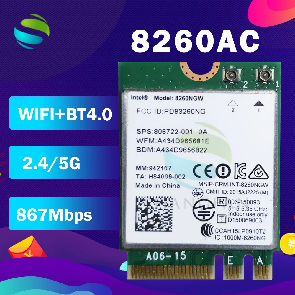 

Dual Band Wireless-AC 8260NGW 8260ACNGW 8260NGWAC 8260AC 8260NGW NGFF Pcie Bluetooth 4.2 867Mbps Wireless Wlan WIFI Card
