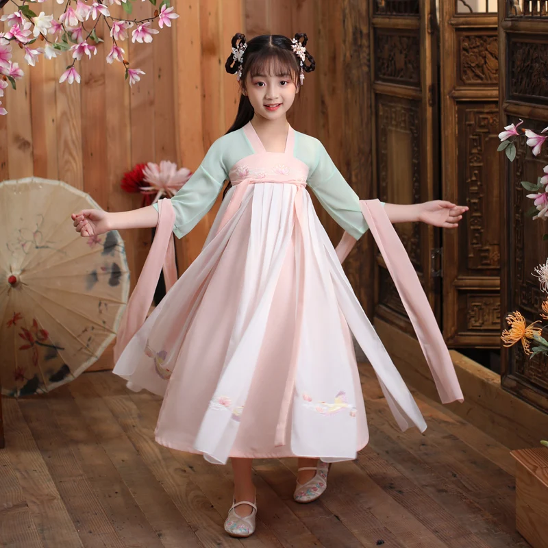 

Восточное китайское ханьфу Ретро сказочное шифоновое платье с коротким рукавом костюм Тан для выступлений на сцене традиционные танцеваль...