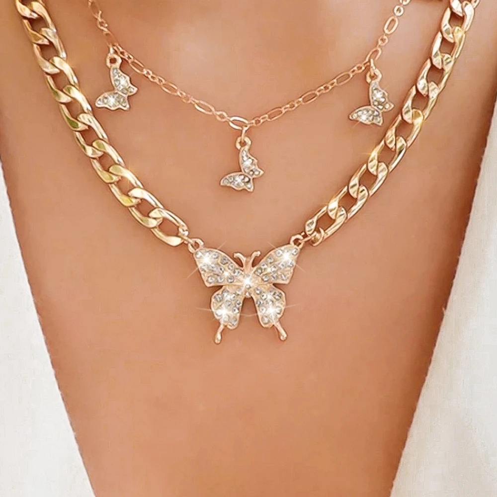 

2021 New Fashion Butterfly Necklace for Women Golden Jewelry Heart Gem pearl beads necklaces Wholesale Items Gifts Girl