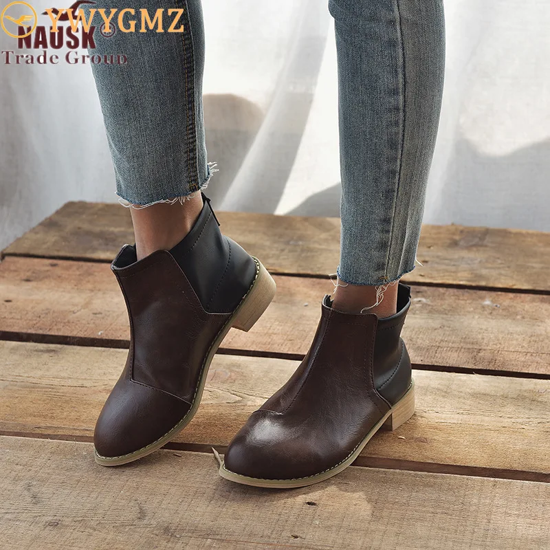 

Популярные женские ботинки, весенние короткие ботильоны на низком каблуке, винтажные мотоциклетные ботинки для верховой езды, женская обув...