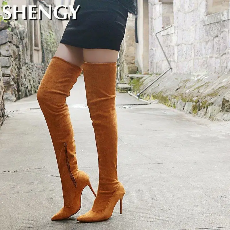 

Sexy Autumn High Womens Boots Point Toe Solid Color Zipper Flock Warm Over The Knee Females Boots Party Mature Women Shoes