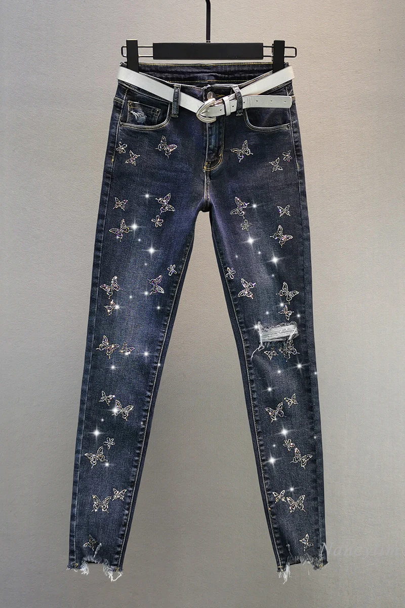 

Jeans Women's Autumn 2020 New Mid-Waist Heavy Work Hot Drilling Cotton Elastic Slim Feet Pencil Pants Female Holes Jean Pants