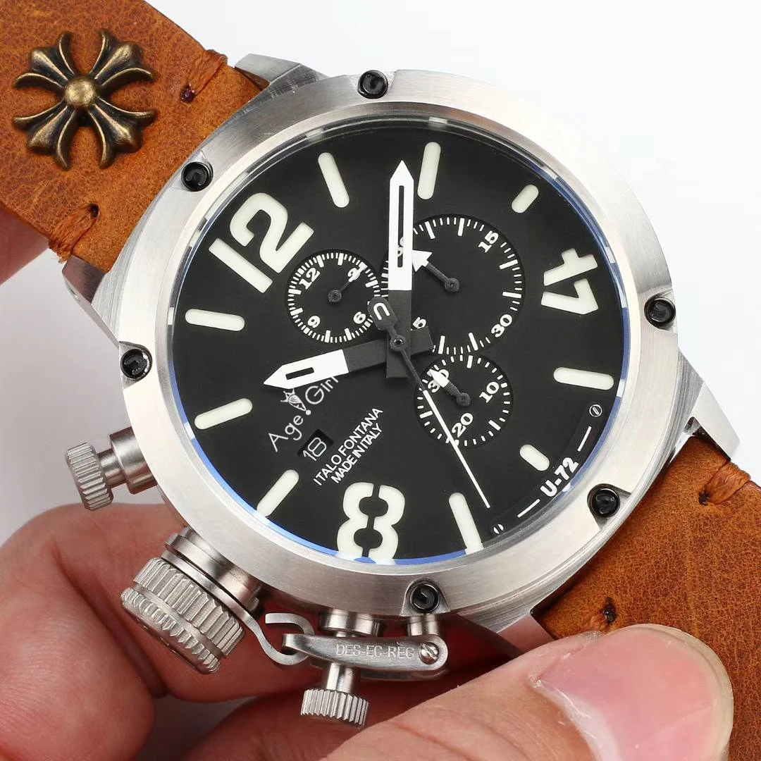 

New Quartz Chronograph Stopwatch Men U CHRONOMETER U1001 U72 Chimera Silver Aged Brown Cow Black Leather Boat Watch AAA+