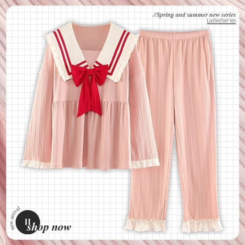 

W Spring And Autumn Pajamas Women's Cotton Long Sleeve Lovely Korean Home Clothes Loose Princess Style Doll Collar Can Be Worn