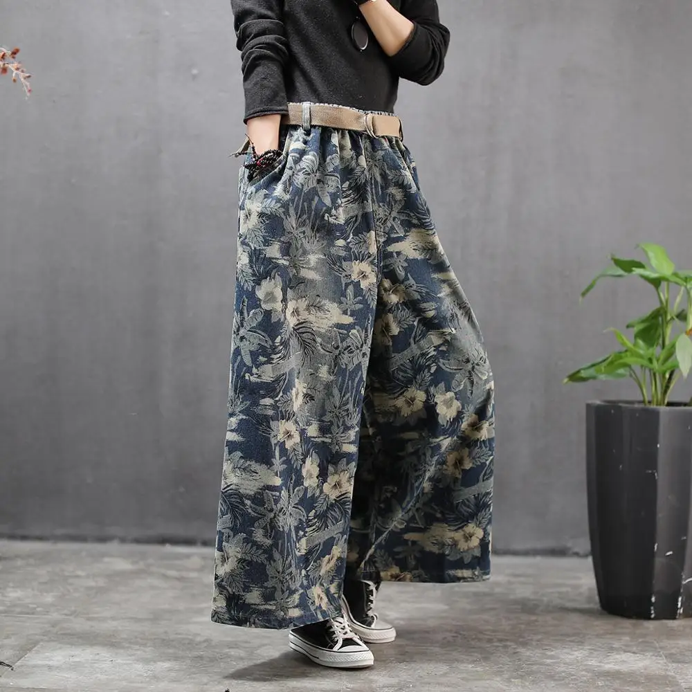

autumn woman plus size jeans 2020 new retro style floral print slim fit vintage washed denim wide leg pants trousers