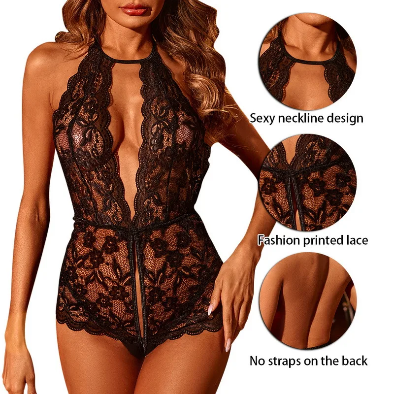 

Lace pajamas women's hollow underwear sexy pajamas perspective deep V catsuit one-piece open back cardigan summer top
