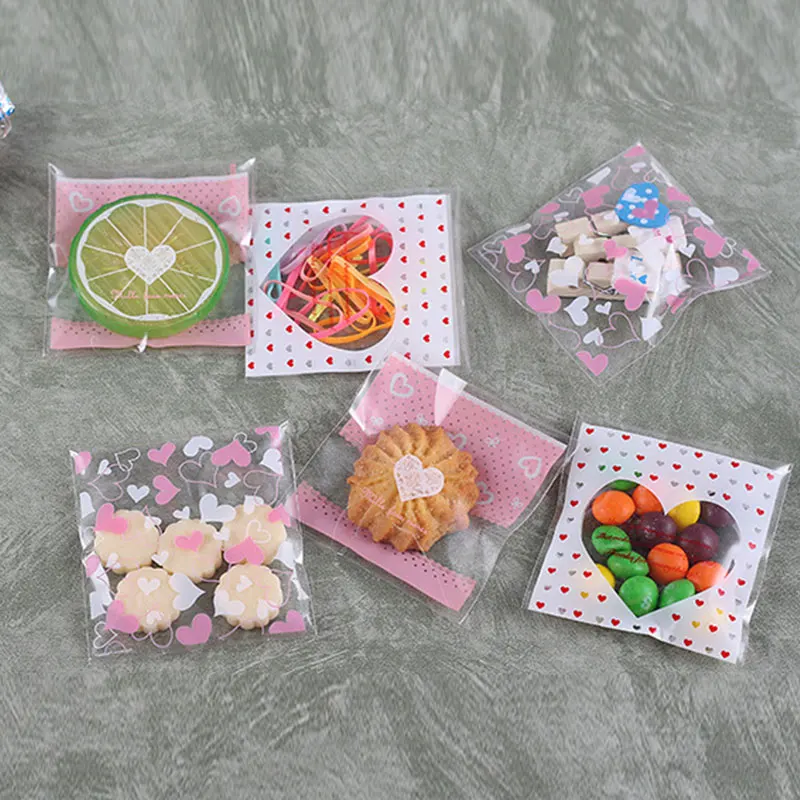 

100Pcs Loving Packaging Bag Cookie&Candy Bags For Wedding Birthday Party Self-adhesive Sealing Bags Biscuit Baking Packaging Bag