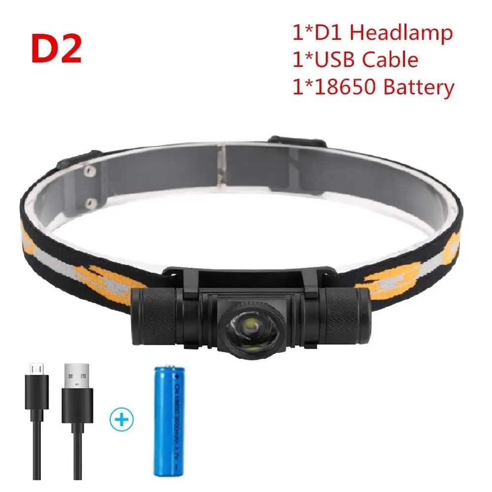 D2 With Battery CREE XM L2 светодиодный налобный фонарь usb зарядка белый свет Головной фонарь 18650 батарея налобный фонарь для кемпинга охоты - Испускаемый цвет: D2 With Battery