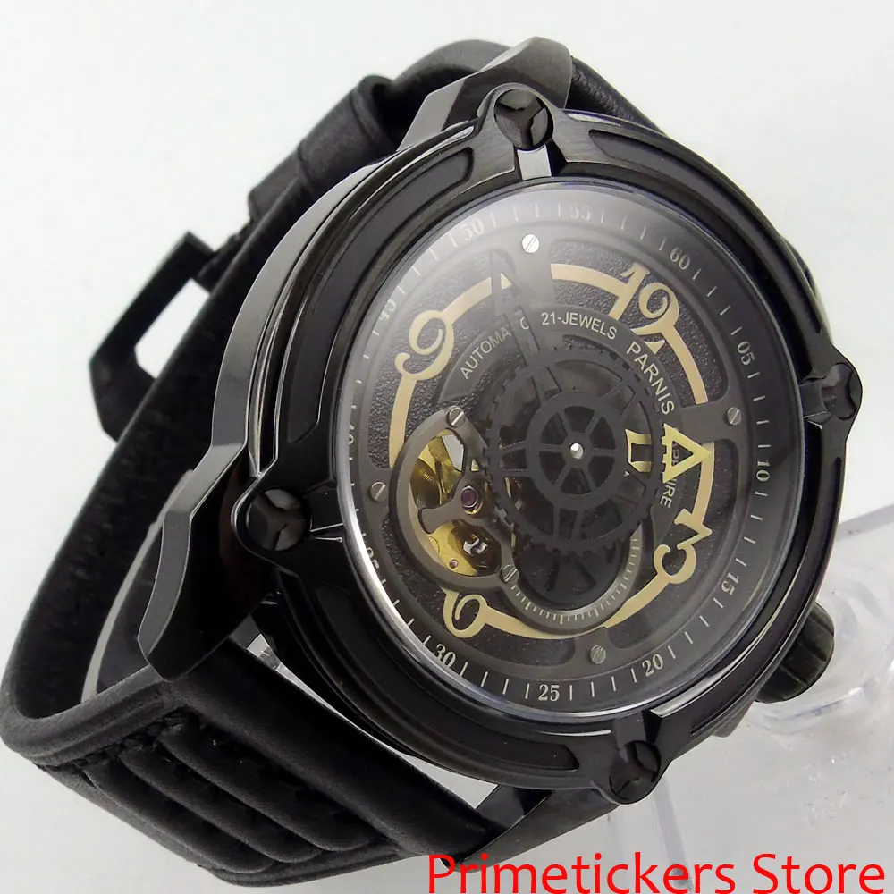

44mm PARNIS black dial PVD coated case sapphire glass automatic mens watch leather strap Miyota8215 movement