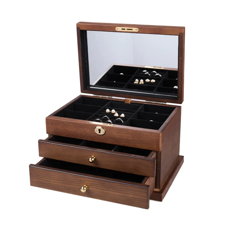

3 layers luxury fashion women wooden jewlery box brown color women jewelry Portable Storage Organizer200807-20