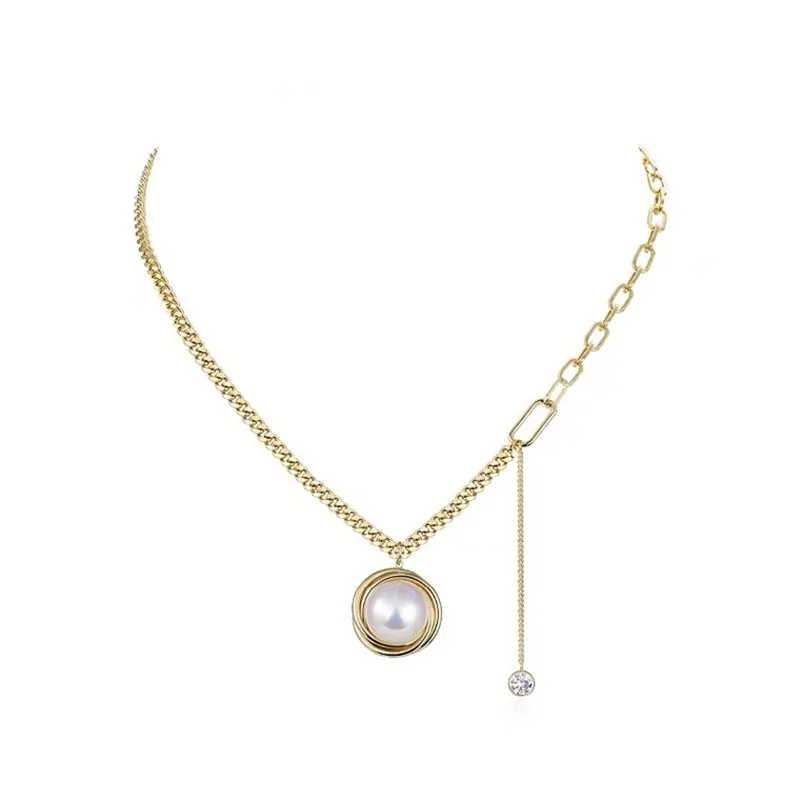 

Luxury Women Necklace Jewelry 18K Gold Plated Clavicle Chain Titanium Steel Baroque Pearl Pendant Zircon Tassel Wedding Necklace