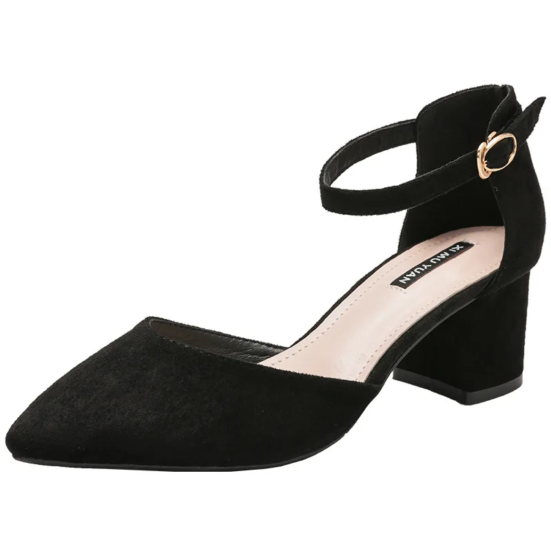 

Spring new women's thick heel one line heel shoes with pointed shallow mouth single shoes commuting professional