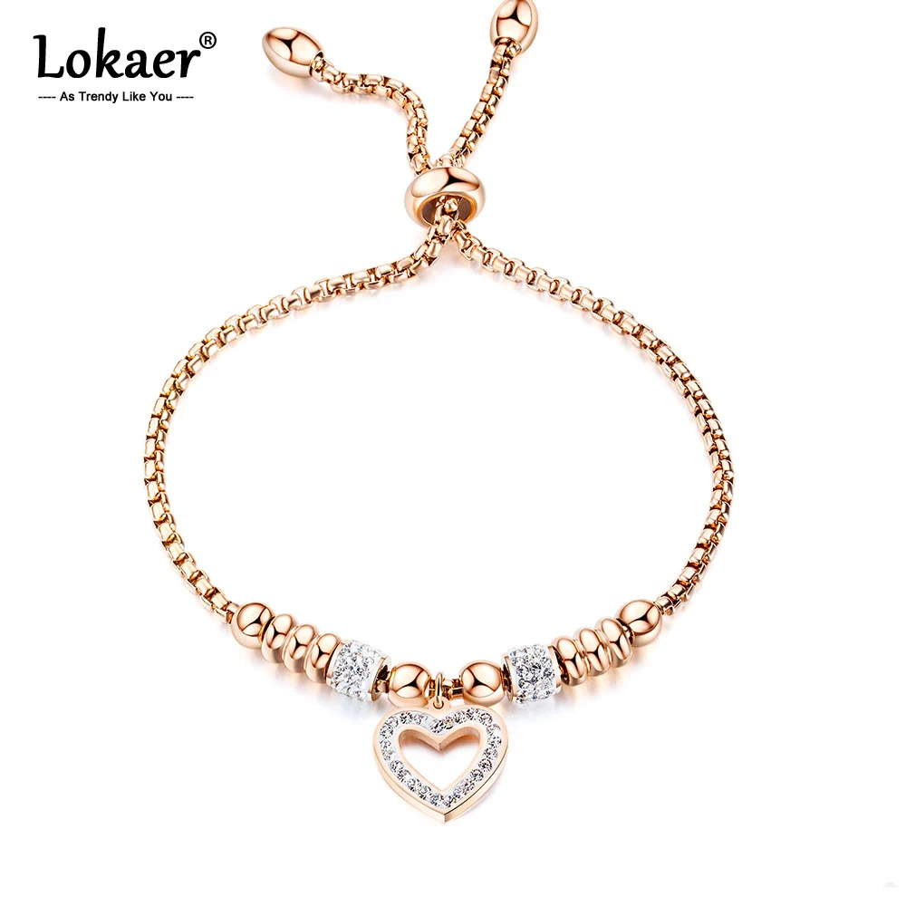Lokaer титановые браслеты из нержавеющей стали с мозаикой и критальным сердцем для девочек, браслет с регулируемой цепочкой и звеньями из розового золота OGS1022