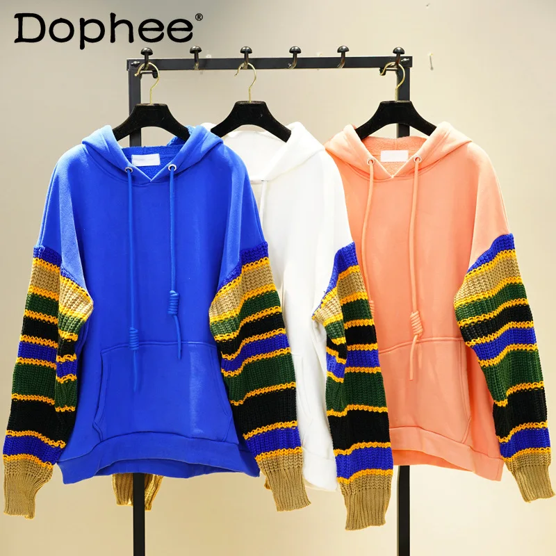 

Korean Loose Oversized Fleece Pullover Hoodies Women Pockets Striped Knitted Stitching Thickened Hooded Sweatshirt Winter Coat