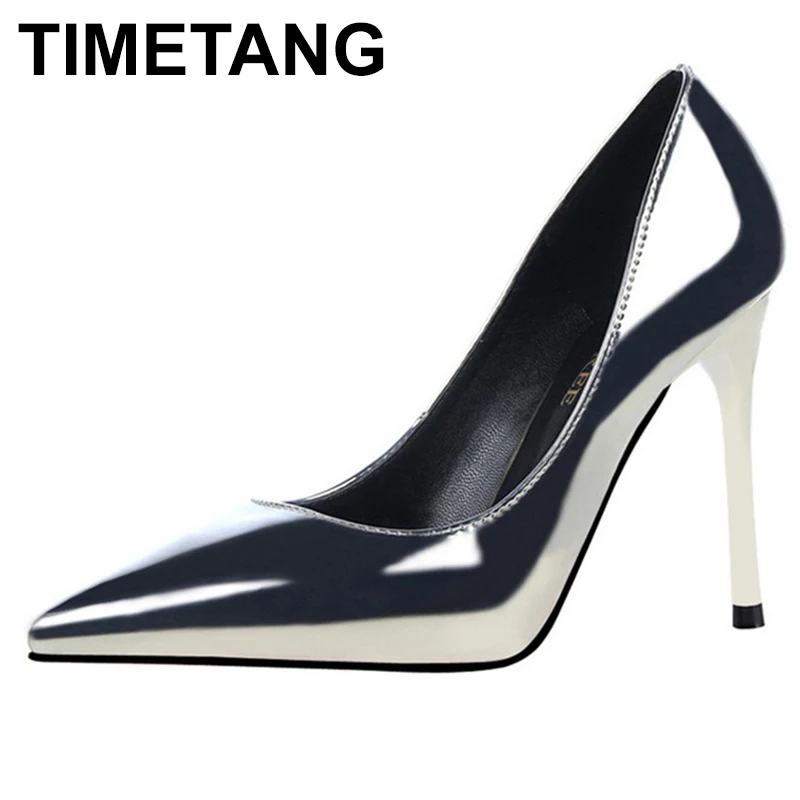 

TIMETANG New Arrival Patent Leather Thin Heel Women's Shoes Concise Shallow Office Shoes Fashion Pumps Pointed High Heels Shoes