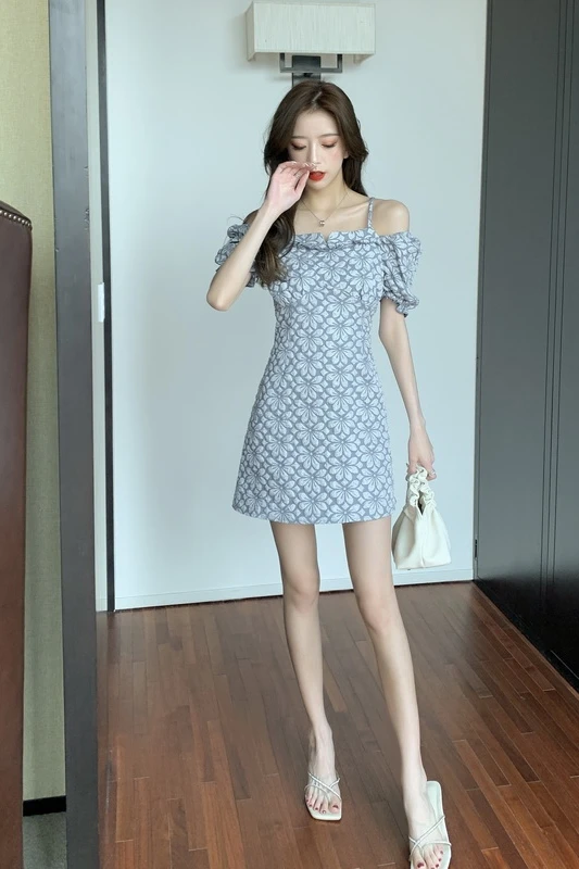 

Uulutonica Summer Women Elegant Fashion Print Short Puff Sleeve Empire Slash Neck Strapless A-Line Mini Dress