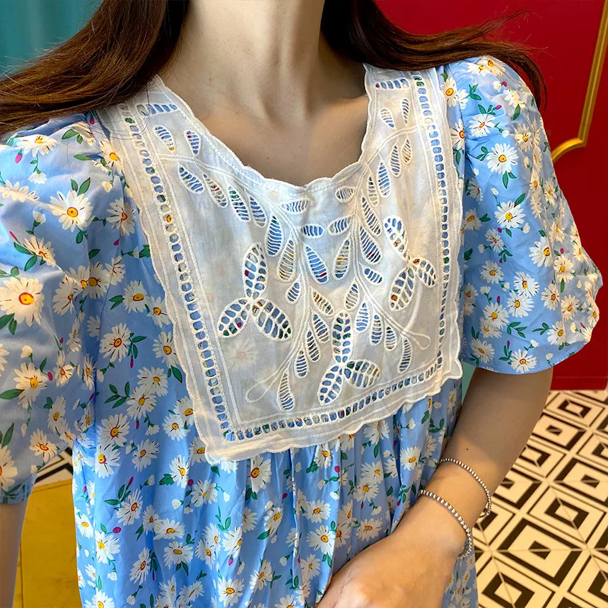 

Korean Ins Gentle Sweet Girl Western Style Youthful-Looking Retro Romantic French Floral Lace Patchwork Dress Summer