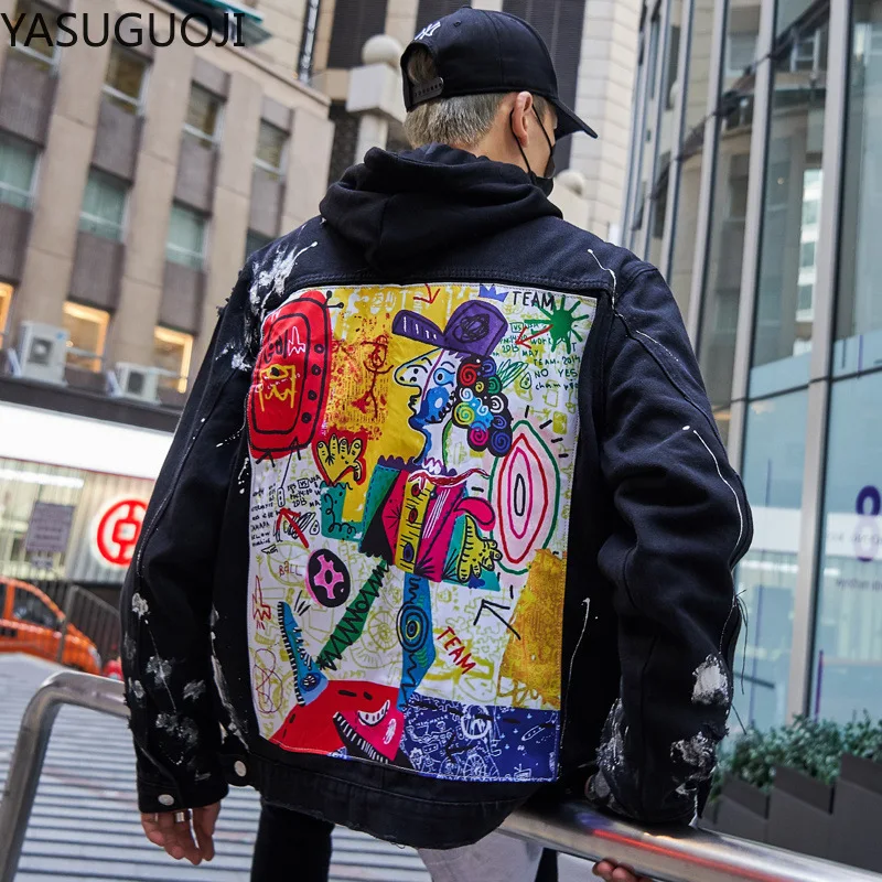 YASUGUOJI Мужская Уличная черная джинсовая куртка с аппликацией в стиле граффити