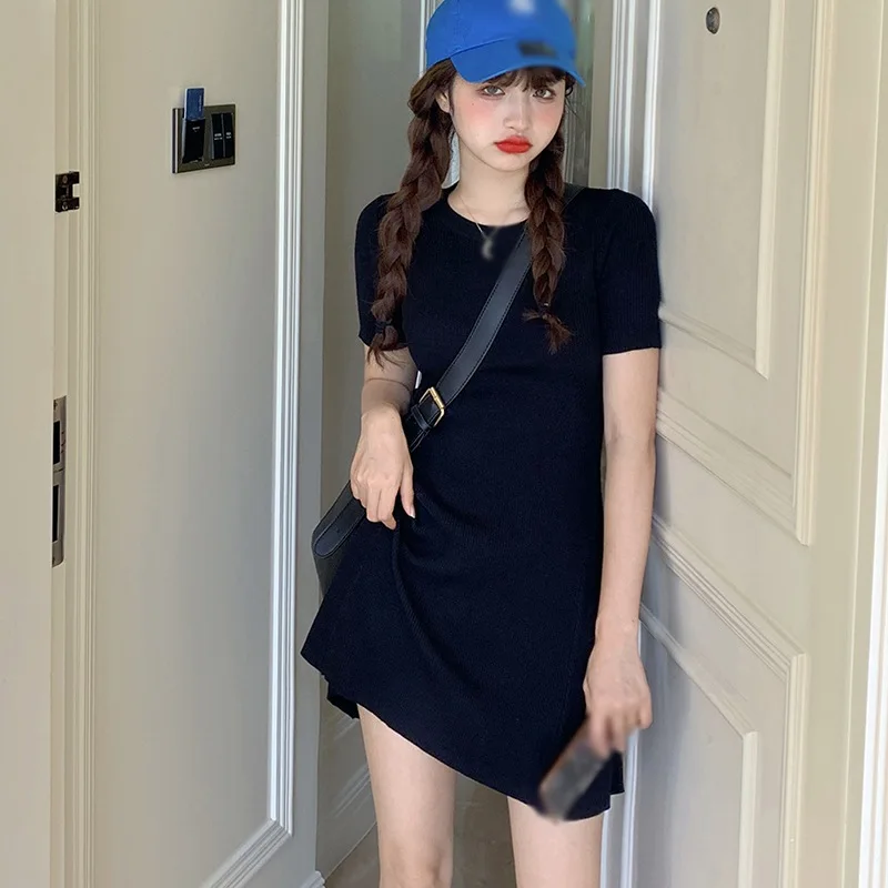 

Jlong Simple Dress Korean Fashion Short Sleeve Dresses Women Knitted Dress