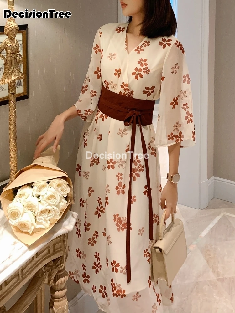 

2022 women flower print kimono japanese yukata japan kimono dress japanese clothes sasuke v neck oriental dress ao dai dress