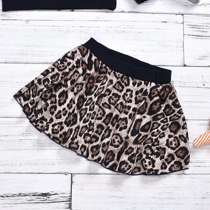 

Children Spring Autumn Cute Leopard Print Long Sleeve T-shirt Round Collar Casual Tops + Skirt New