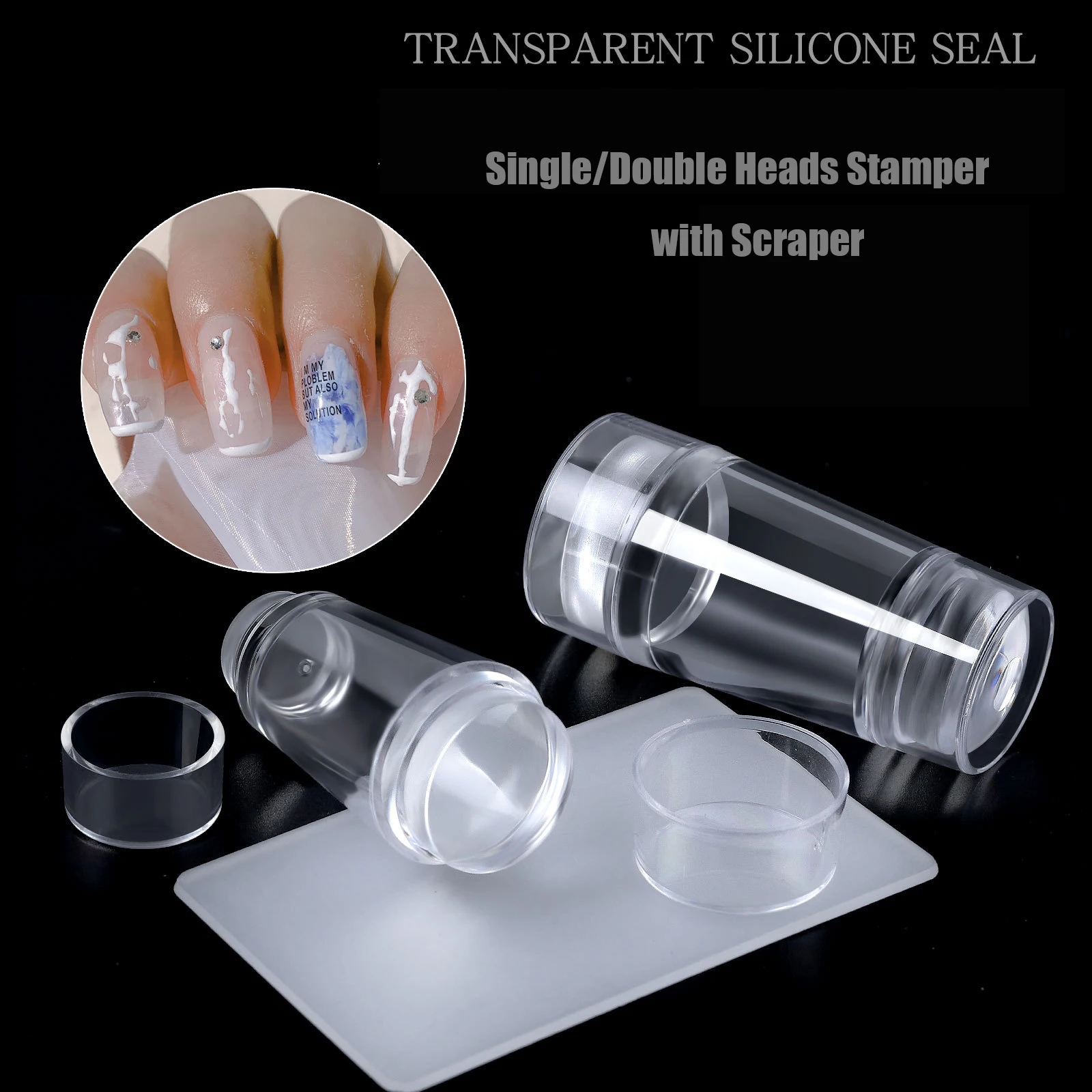 

1/2 Heads Transparent Silicone French Transfer Nail Art Stamping Kit for Manicure Plate Stencil Template Seal Stamper Scraper