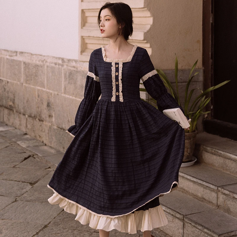 

Женское платье для отпуска Bellflower, французское ретро платье с квадратным вырезом и длинным рукавом, яркое привлекательное кружевное платье с высокой талией, F1215