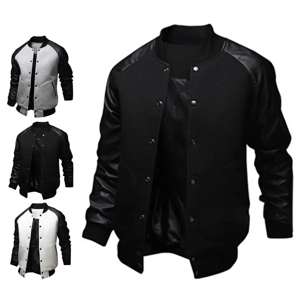 

Soft Fabulous Contrast Colors Slim Autumn Coat Faux Leather Stitching Autumn Coat Single Breasted for Sports