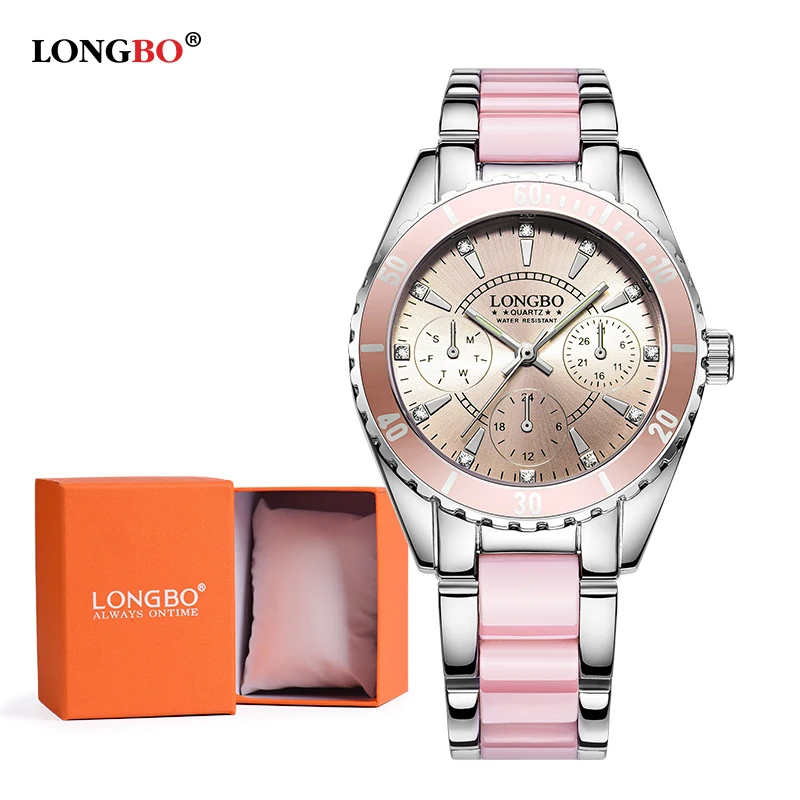 Pink and box Бренд LONGBO Лидер продаж роскошные женские часы Дамская мода светящиеся кварцевые часы повседневные женские водонепроницаемые наручные часы 80303 - Цвет: Pink and box