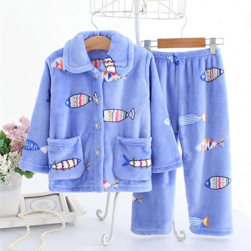 Pijama infantil inverno; детский пижамный комплект из кораллового флиса; пижама с принтом для маленьких мальчиков и девочек; детская фланелевая одежда для сна; пижамы для младенцев - Цвет: Blue fish Pajama