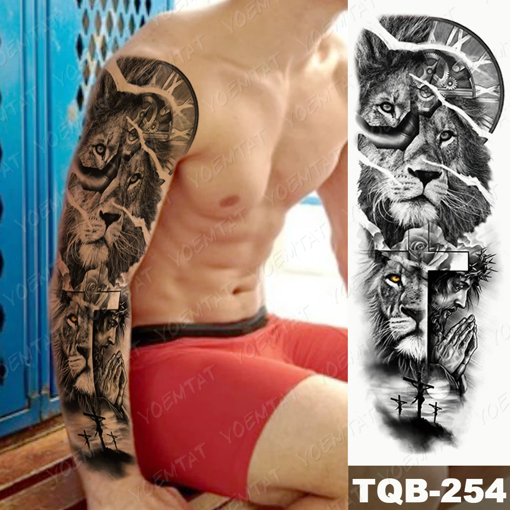 

Waterproof Temporary Full Arm Tattoo Stickers Lion Clock Rose Flash Tattoos Male Thigh Ink Body Art Big Fake Sleeve Tatto Women