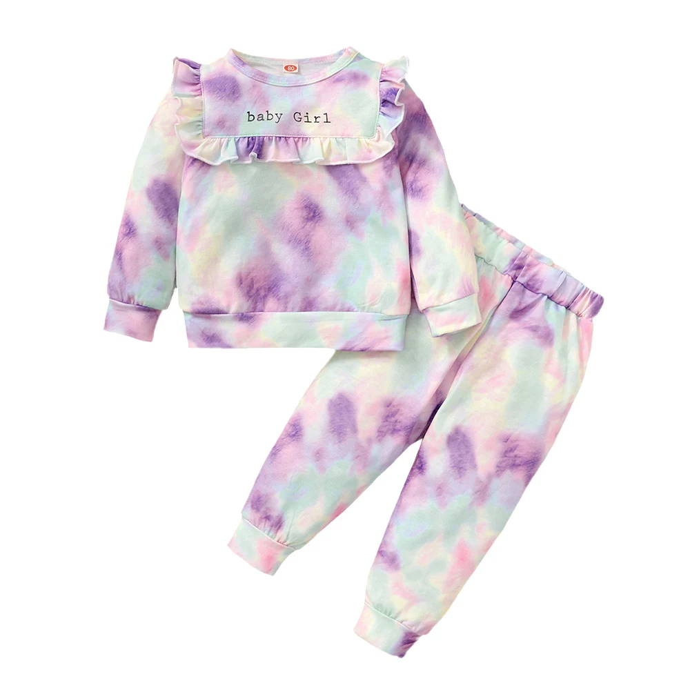 

Newborn Baby Girls Spring Autumn Cotton Tie Dye Ruffle Casual Long Sleeve Pants Round Neck 2 Piece Set Elastic Waist Pullover
